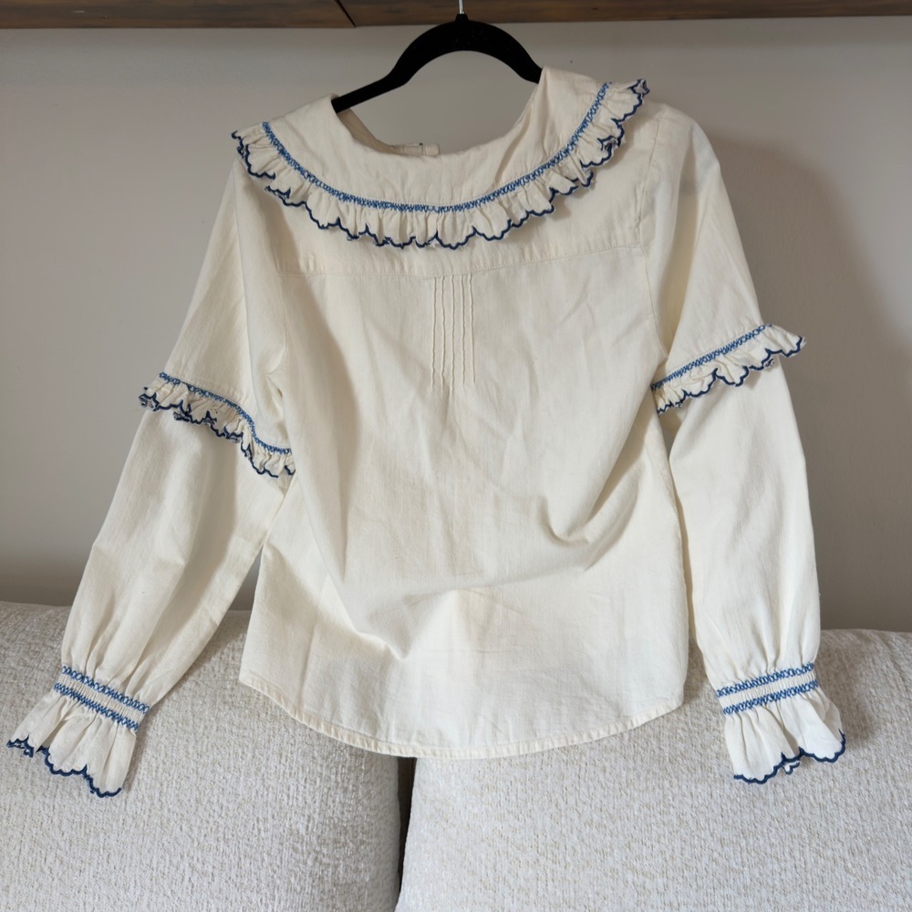 White Ruffled Collar Button-Front Blouse with Blue Trim - Picture 6 of 6